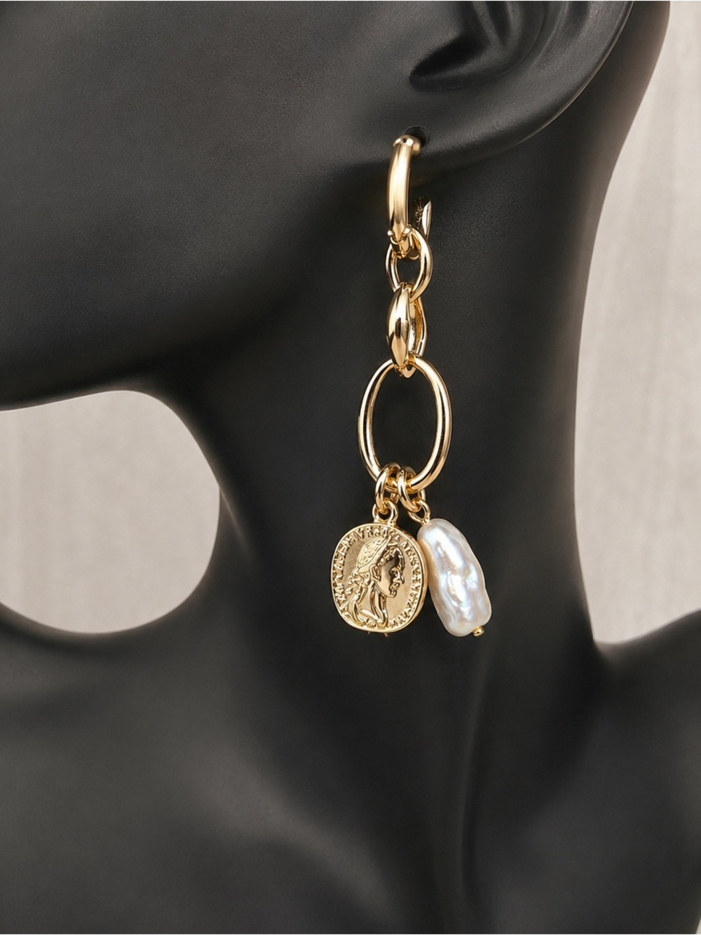 Ettika 18K Gold Plated Medallion Freshwater Pearl Drop Earrings